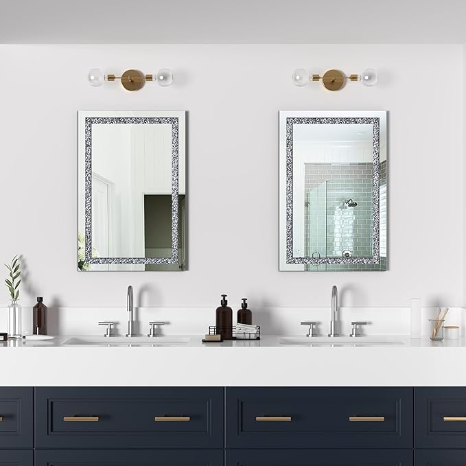 Crystal Decorative Mirror-16 x24 Rectangle Gorgeous Silver Mirror, Crush Diamond Mirror for Wall Decoration Bedroom, Hallway, Dining Room