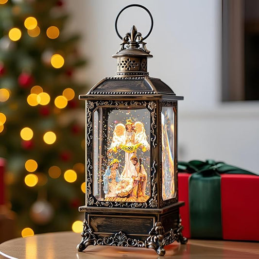Christmas Snow Globe Swirling Glittering Angel & Nativity Scene with Music, USB Lined/Battery Operated Lighted Water Lantern for Christmas Festival Decoration Gifts