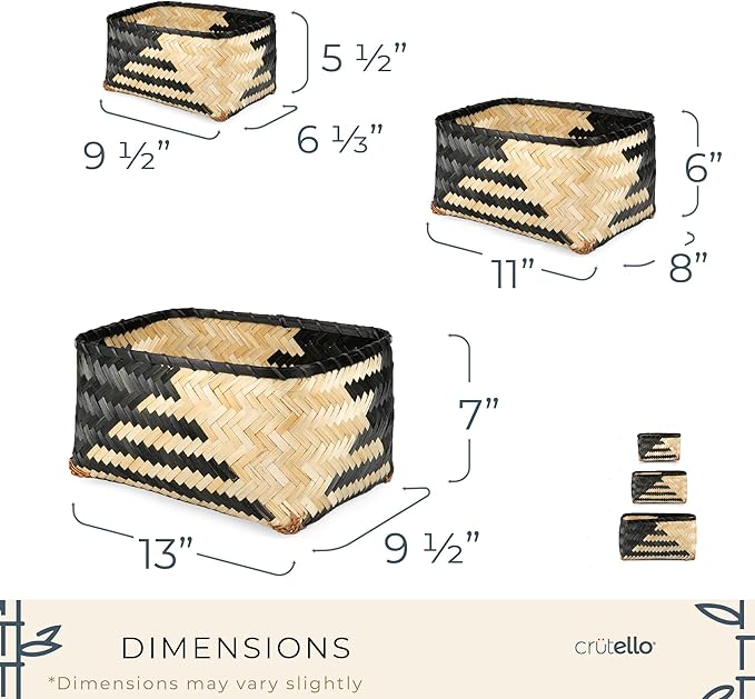 Crutello Woven Bamboo Storage Baskets, Set of 3 Black and Natural Pattern Bamboo Baskets for Storage, Organization Boho Basket, Farmhouse Basket Bins, Black Wicker Basket for Decor Living Room Pantry