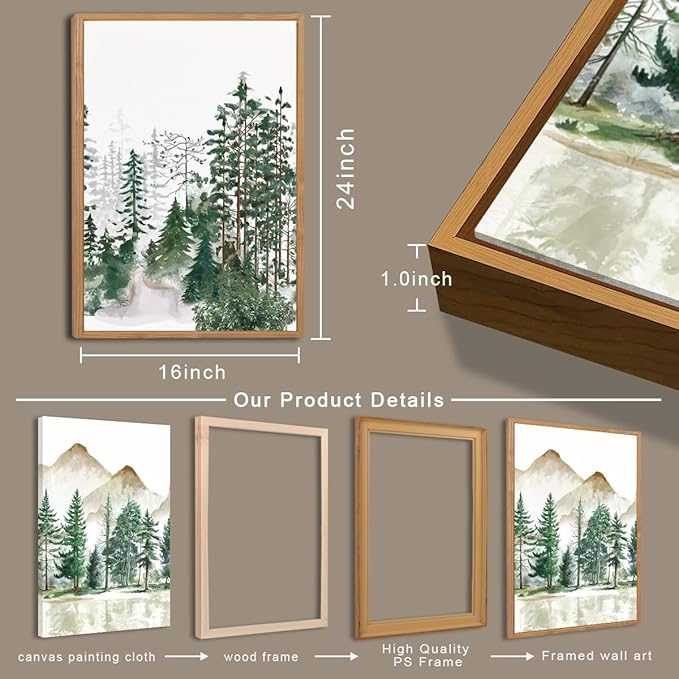 ANHUIB Large Framed Mountain Wall Art Watercolor Forest Landscape Painting Green Nature Prints Art Rustic Wall Decor Set of 3 for Living Room Bedroom Office 16x24 Inch