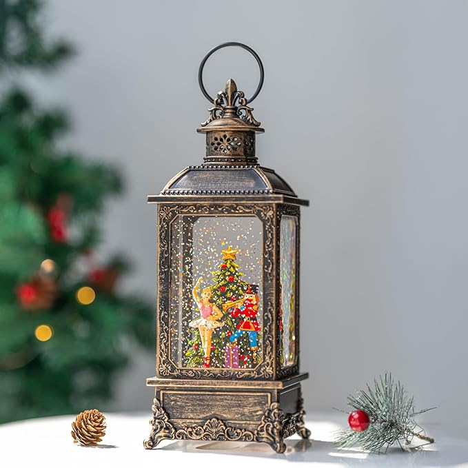 Christmas Snow Globe Lantern Water Glittering Nutcracker Ballerina with Music & Timer, USB Lined/Battery Operated Lighted Lantern for Christmas Festival Decoration Gifts