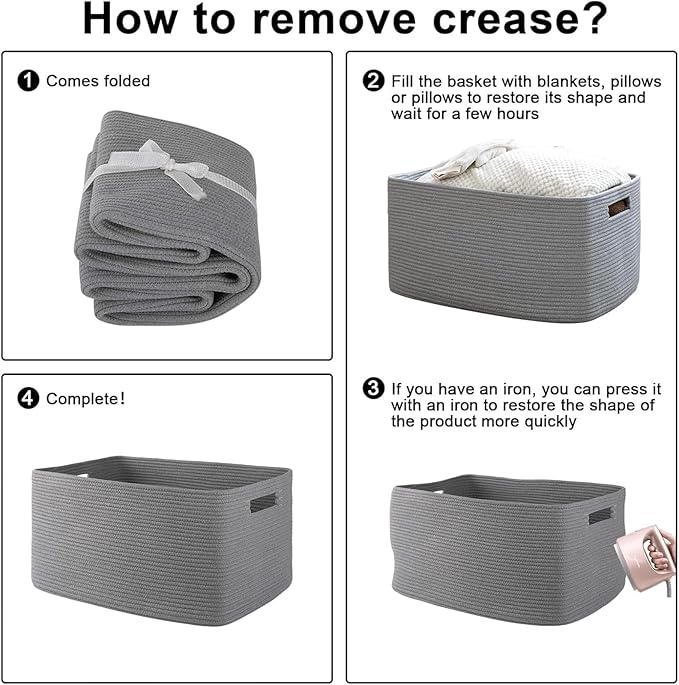 OIAHOMY XXLarge Rectangle Blanket Basket-96L, Cotton Woven Basket for Storage, Dirty Clothes Basket for Living Room, Nursery, Bedroom, Toy Organizing with Handle, 24" x 16" x 15", Dark Grey