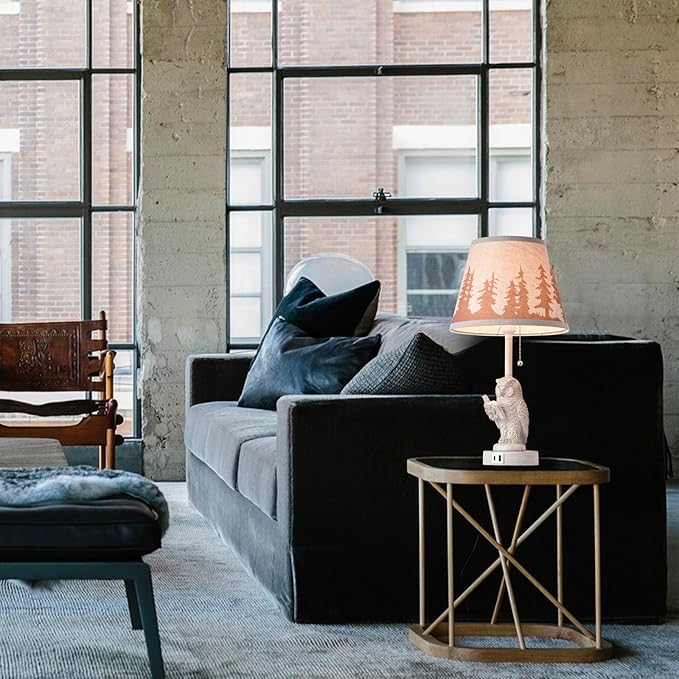 18.9" Farmhouse Lamps Set of 2,Owl White Rustic Table Lamps for Living Room with USB A+C Port,Vintage Resin Small Table Lamps,Pull Chain Table Lamp for Bedroom,Bedside,Nightstand,End Table