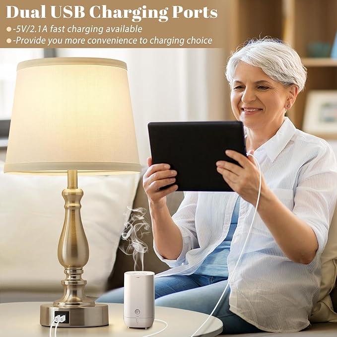 Table Lamps for Bedrooms Set of 2 - Touch Bedside Lamps with USB C+A Ports, 3 Way Dimmable White Nightstand Lamps for End Tables, Farmhouse Night Stand Lamps for Living Room Bed Side Guest Room