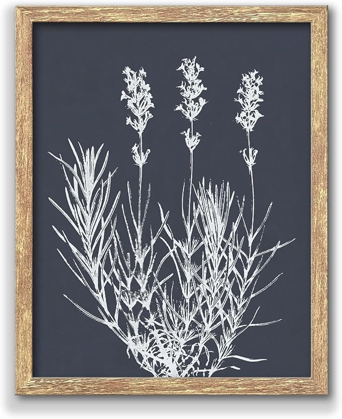 GUMEYJIA Botanical Wall Art Print White Wildflower on Navy Background Rustic Vintage Farmhouse Home Kitchen Wall Decor (Frame 8x10in)