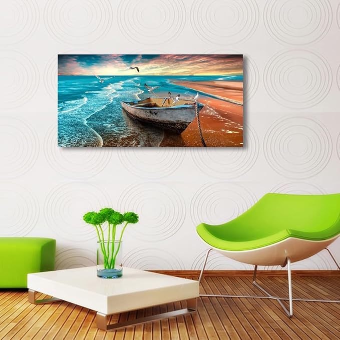 Beach Sunset Pictures Canvas Wall Art For Living Room Bedroom Wall Decor,Seascape Wall Art Print Paitnings For Home Decor,Morden Artwork Boat Canvas Art Waterproof Ready To Hang-24x48 Inches