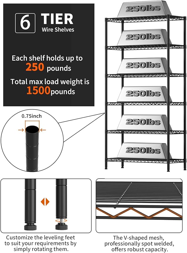 6 Tier Adjustable Storage Shelves,Heavy Duty Metal Utility Shelf 1500LBS Capacity Wire Shelving Unit Organizer Rack for Home Kitchen Pantry Room 14" D x 36" W x 72" H Black
