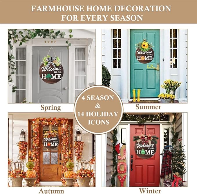 Interchangeable Welcome Sign for Front Door with 4 Seasonal Wreaths and 14 Changeable Icons, Farmhouse Front Door Signs, Door Decoration Porch Decor, Seasonal Wooden Home Sign home décor (6wood)