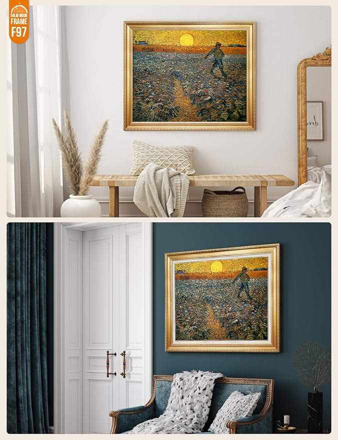 DECORARTS - The Sower, Vincent Van Gogh Art Reproduction. Acid Free Cotton Canvas Giclee Print w/Bronze Frame&Mat for Wall Decor.