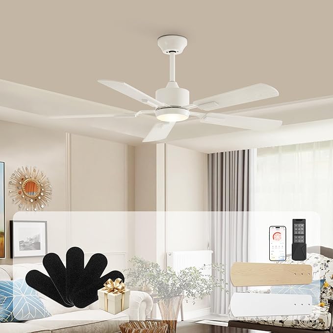 CubiCubi Ceiling Fans with Lights - 52 inch White Ceiling Fan with Light and Remote/APP, Dimmable, Super Quiet, Modern Ceiling Fan for Indoor Bedroom, Living Room, Kitchen