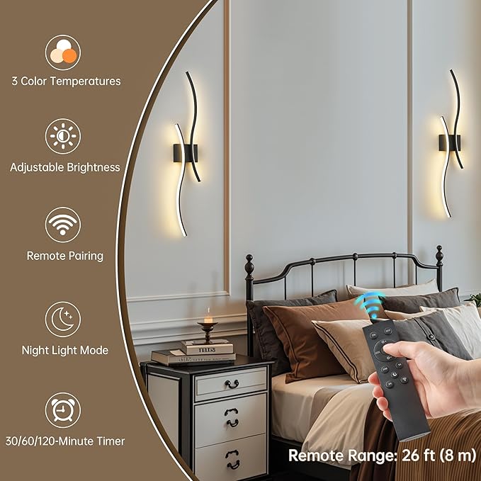 Battery Operated Wall Sconce Set of 2, Dimmable Modern LED Rechargeable Wall Light with Remote Control, Wall Decor for Living Room, Hallway, Quick Install, No Electrician Required