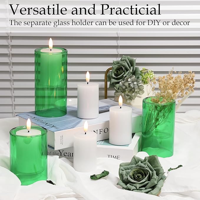 NURADA Flameless Candles with Remote Timer - Glass Holder Real Wax 3D Wick LED Pillar Votive Candle Set Battery Operated Flickering Light for St Patricks Day Home Decor-Green 3 Pack