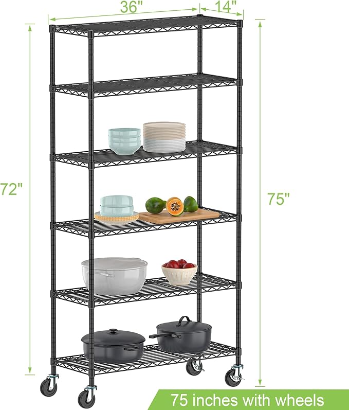 Metal Steel Shelving with Wheels Rack Unit, 6-Tier Rolling Storage Shelf Adjustable Wire Rack Organizer Utility Storage Shelving for Home Kitchen Garage Pantry(6-Tier Shelf)