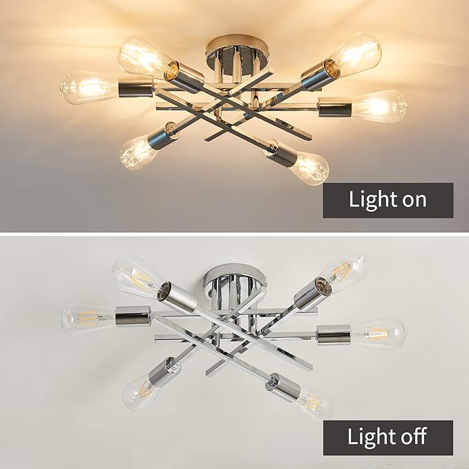 ASGYISA 6-Lights Semi Flush Mount Ceiling Light Fixture Modern Chrome Matte Sputnik Chandelier Farmhouse Ceiling Lighting for Kitchen Bedroom Dining Room Living Room