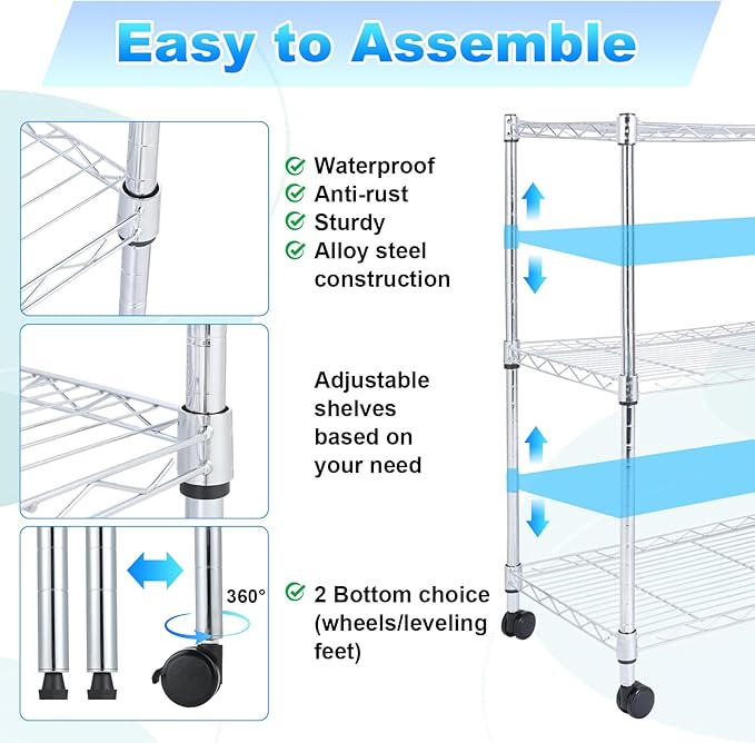 Whitmor 3 Tier Storage Shelves, Heavy Duty with Wheels, 400 lbs Capacity per Shelf, Max 1200 lbs Total, Adjustable Shelving Unit for Garage, Kitchen, Bathroom, 24" L x 14" W x 30.5" H, Chrome