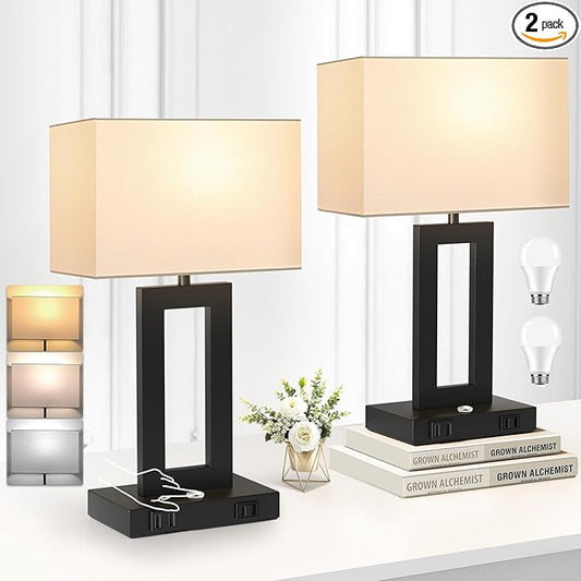 Set of 2 Table Lamps for Bedrooms, 3-Color Temperatures Touch Control Bedside Lamps with 2 USB Ports&AC Outlet, Stepless Dimmable Living Room Lamps for Nightstand, Bulbs Included, White&Black