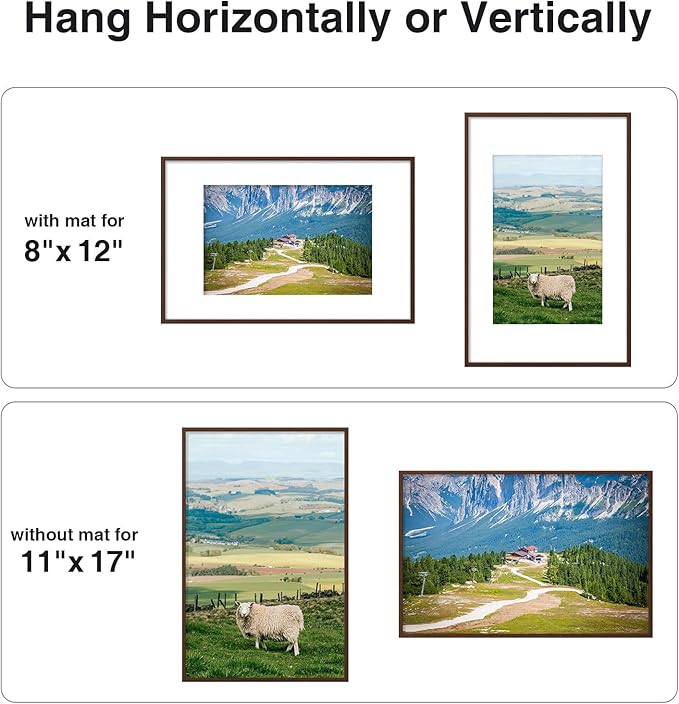 Vittanly 11x17 Picture Frame for Wall, Plexiglass, Displays Poster 8x12 with Mat or 11x17 without Mat, PVC Frame Material, Horizontal or Vertical Hanging, 1 Pack, Brown