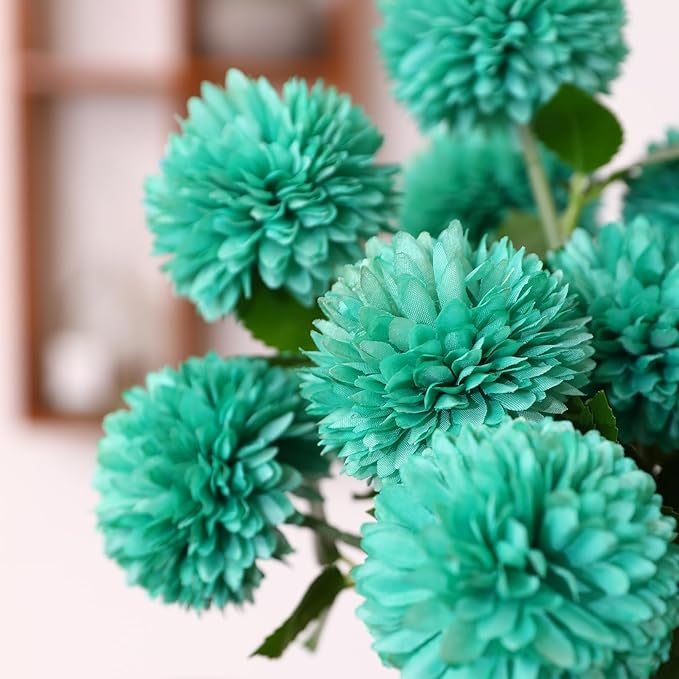 Floweroyal 24pcs Teal Flowers Artificial Chrysanthemum Ball Silk Hydrangea Flowers Bridal Wedding Bouquet for Home Garden Party Office Coffee House Decoration