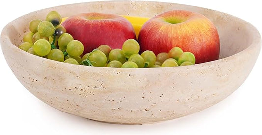 Marble Fruit Bowl 10 Inch Handmade Travertine Large Decorative bowls For Kitchen Counter, Dining & Coffee Table Centerpiece - Modern Pedestal Bowl for Entryway and Home Decor