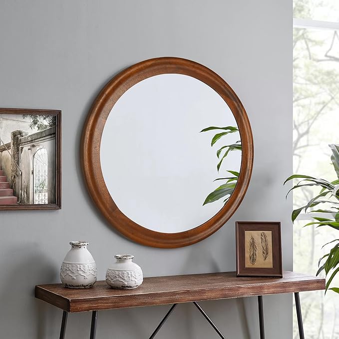 Round Wood Mirrors 30 Inch,Rustic Decorative Transitional Wall Mirror with Walnut Frame for Bathroom,Farmhouse Hanging Vanity Mirror for Entryway Living Room or Bedroom
