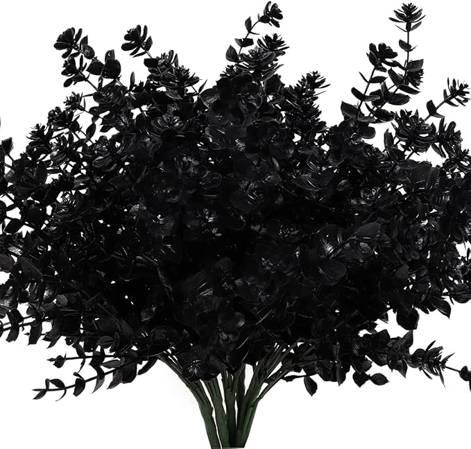 Black Artificial Flowers, Fake Outdoor UV Resistant Plants Faux Plastic Greenery Shrubs Indoor Outside Hanging Planter Home Kitchen Office Wedding, Garden Decor (Black)