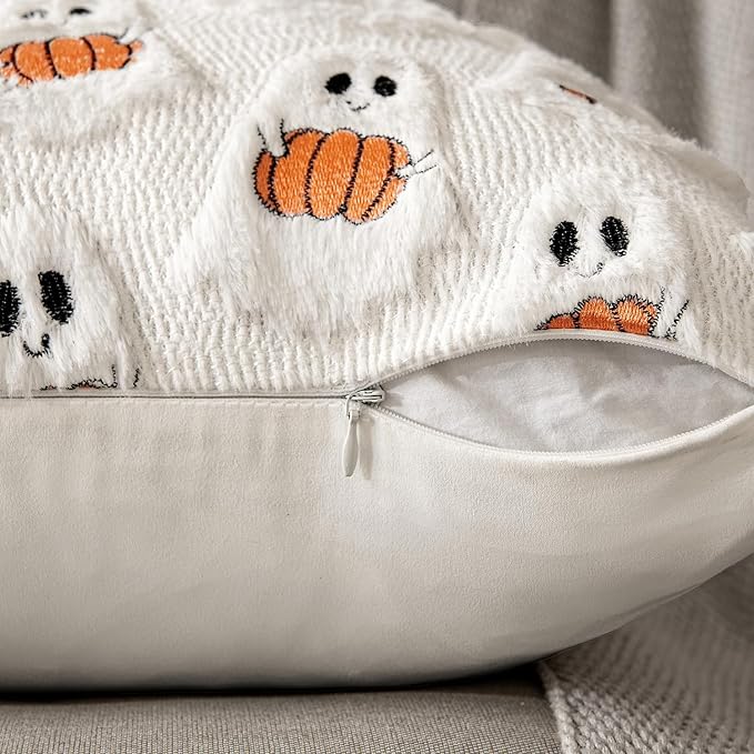 MIULEE Halloween Pillow Covers Decorative Fall Cute Ghost Plush Faux Fur Pillows 20x20 Inch Set of 2 Soft Pumpkin Accents for Sofa Couch Bed Living Room Festive Home Decor, White Bright Orange