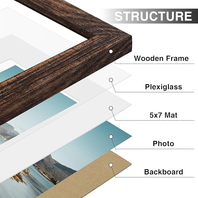 Vittanly 8x10 Picture Frames Set of 9, Shatter Resistant Plexiglass, Display 5x7 Pictures with Mat or 8x10 without Mat, Photo Frames for Wall or Tabletop, Engineered Wood, Brown