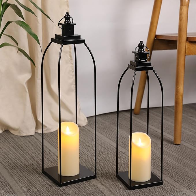 19'' 22'' Decorative Candle Lanterns, Large Farmhouse Decorative Metal Lanterns with 2 Flameless Candles, Black Candle Lanterns for Home Porch Fireplace Decor & Indoor and Outdoor Use