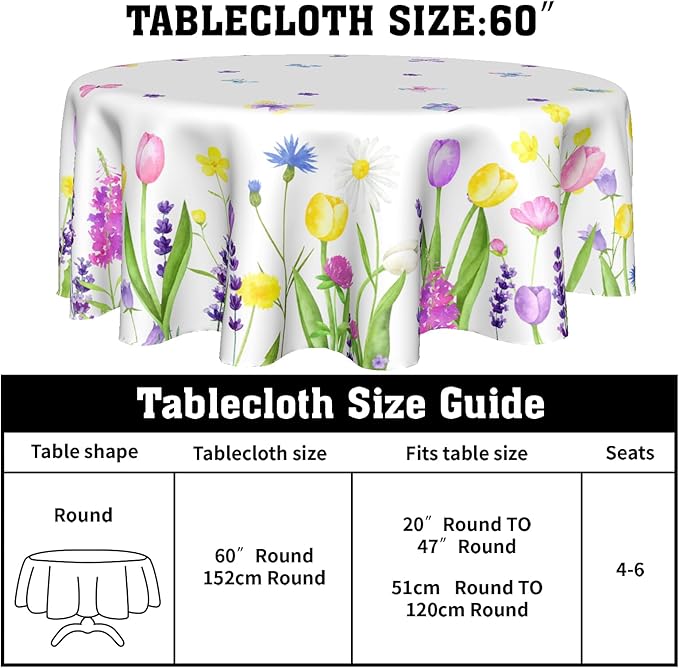 Kawani Spring Floral Tablecloth Round 60 Inch Watercolor Butterfly Flower Table Cloth Round Cover Washable Spring Farmhouse Table Covers for Rooms Kitchen Dinner Holiday Picnic Party Outdoor Decor