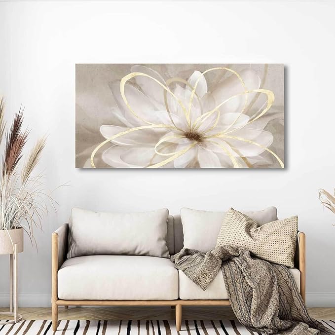 Kureful Canvas Wall Art for Bedroom/Gold Flowers Canvas Pictures/Modern Home Decorations for Living Room Kitchen Office 20x40 Inch