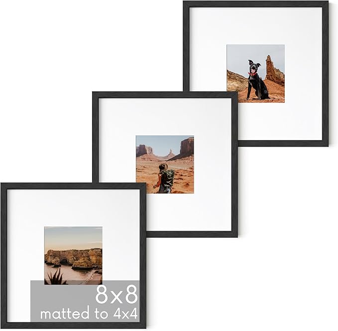 HAUS AND HUES Solid Oak Wood 8”x8” Picture Frames Matted to 4”x4” Set of 3 - Black Square Frames, 8x8 Black Photo Frames, Square Picture Frames, 8 x 8 Black Picture Frame Set (Black Frame)
