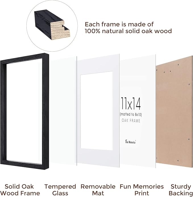 Fun Memories 11x14 Picture Frame in Black, Solid Oak Wood, Tempered Glass, 11"x14" Frame, Matted to 8x10