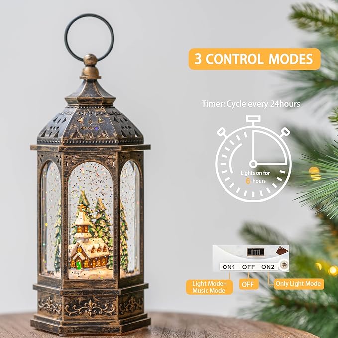 Christmas Snow Globe Lantern Lighted Holiday Village Church with Music& Timer, USB Lined/Battery Operated Lighted Lantern for Christmas Festival Decoration Gifts