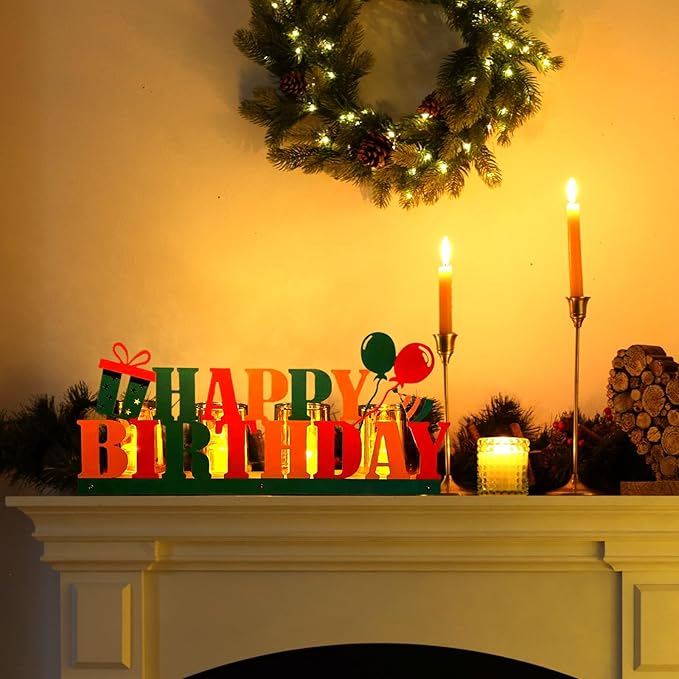 Happy Birthday Candle Holder Set, Tealight Votive Candle Holder Table Decor, 1 Happy Birthday Metal Sign & 1 Wooden Base Candle Tiered Tray, Table Centerpieces for Birthday Party Home Indoor Table