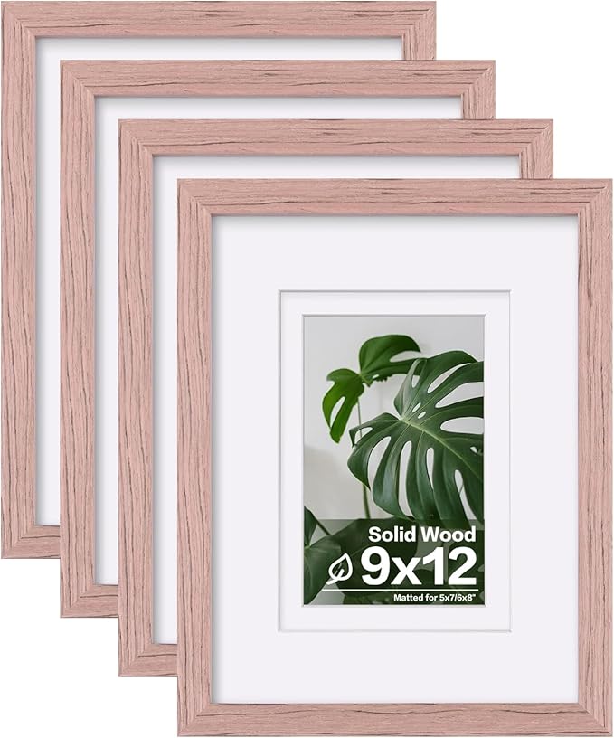Egofine 9x12 Picture Frames Set of 4, Made of Solid Wood Covered by Plexiglass 5x7 and 6x8 with Mat or 9x12 without Mat, for Table Top Display and Wall Mounting Photo Frame Peach Pink