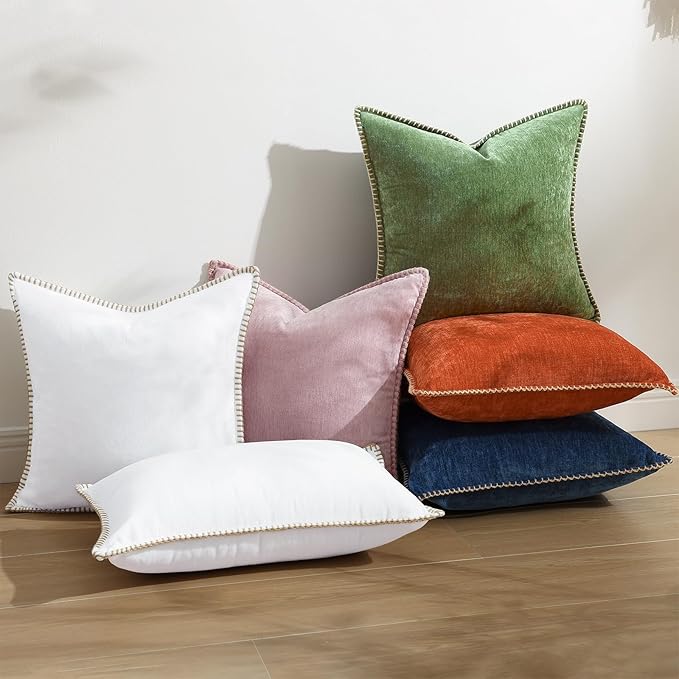 decorUhome Christmas Chenille Soft Throw Pillow Covers 24x24 Set of 2, Farmhouse Velvet Neutral Decorative Euro Fall Pillow Covers with Stitched Edge for Couch Sofa Bed Home Decor, Forest Elf