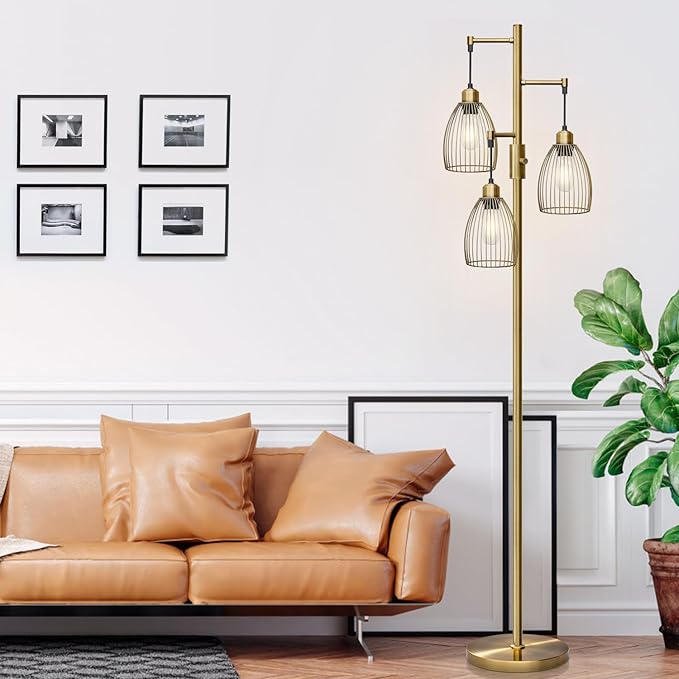 Dimmable Floor Lamp, Industrial Floor Lamps for Living Room, Antique Brass Tree Lamp Standing Lamp Tall Lamps with 3 Elegant Teardrop Cage Head & 800 Lumens LED Bulbs for Living Room Bedroom Office