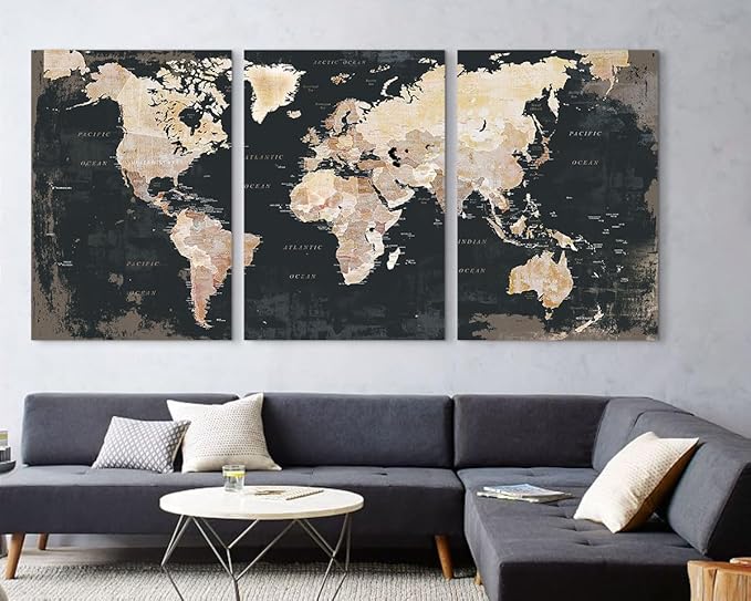 Living Room Wall Art Vintage Home Office Decor Extra Large Bedroom Wall Decor Black Pictures for Home Decorations Map Paintings