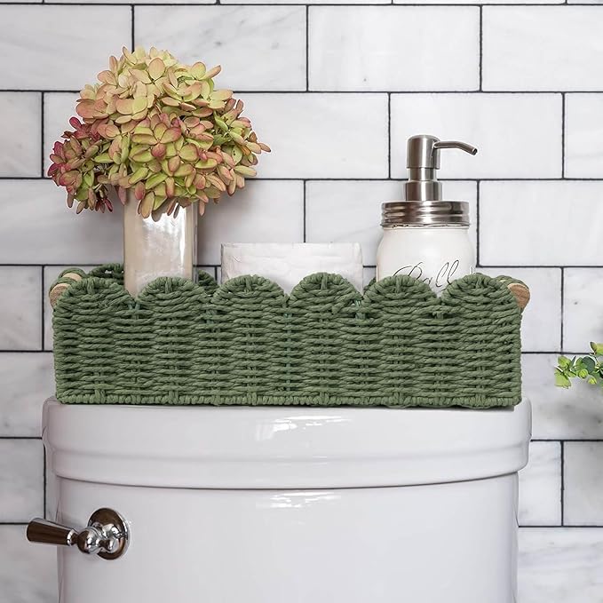 CubesLand Scalloped Edge Decor Baskets for Home, Living Room, Toilet Paper Storage Basket for Over Toilet Shelf, End Table,Shelves and More, Small Paper Rope Baskets Both Storage&Decor, Set 2 Green