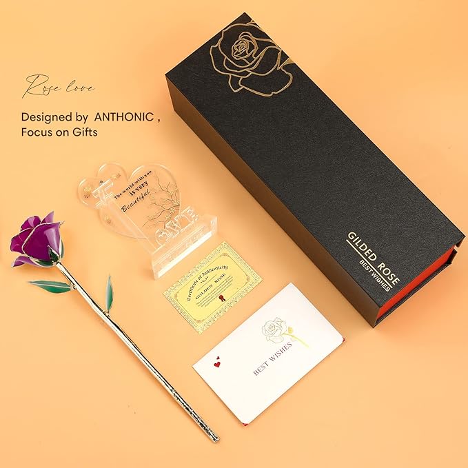 Gold Dipped Infinity Rose Last Forever Flower Decor, Birthday Gift for Women in Her Birthday Mothers Day, Resin Preserved Rose | Anniversary Present for Mom (Purple)