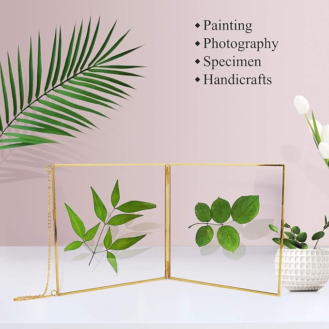 TLBTEK 8x8 inch Brass Hanging Photo Frame,Double Glass Frame for Pressed Flowers,Clear DIY Vintage Artwork Display Frame Wall Mounted Photos Frame