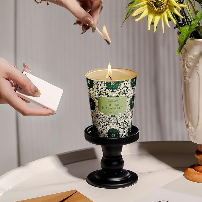 HomeLights Soy Wax Candles for Home Scented, 1-Wick Candles in English Pear & Suede Scented, Aromatherapy Candles Gift for Parties, Relaxing, Bohemian Natural Textures, 6.7oz