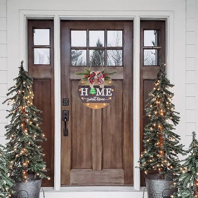 Interchangeable Seasonal Welcome Sign Front Door Decoration with 4 Seasonal Wreaths and LED Light, Rustic Round Wood Wreaths Wall Hanging Outdoor, Farmhouse Front Door Decoration Home Décor