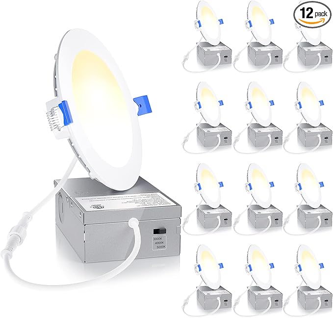 Ensenior 12 Pack 4 Inch LED Recessed Light, Dimmable, 3000K-5000K 3CCT, 750LM High Brightness, 9W 120V, Damp Rated, Ultra-Thin Canless Wafer Ceiling Light - ETL & FCC & IC