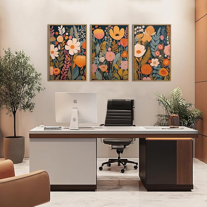 IARTTOP Large Floral Framed Canvas Wall Art 16x24 Inch Orange Abstract Blossom Flowers Wall Decor Set of 3 Mid-century Modern Boho Botanical Art Prints for Living Room Bedroom Office