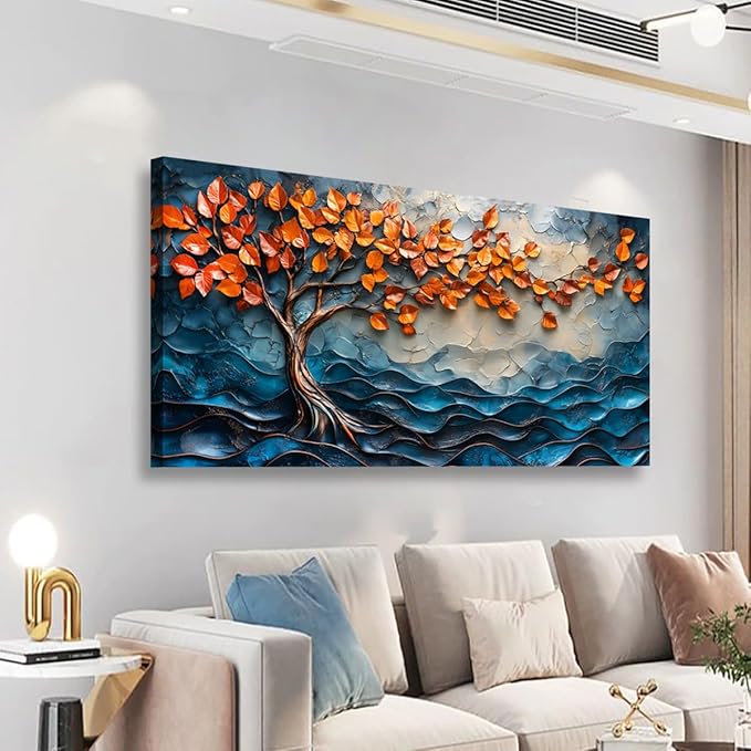 Tree of Life Canvas Wall Art Bedroom Wall Decor Living Room,Abstract Wall Art Office Kitchen Paintings Artwork Modern Blue Wave Leaf Pictures Art Prints Waterproof Ready to Hang-20x40inch