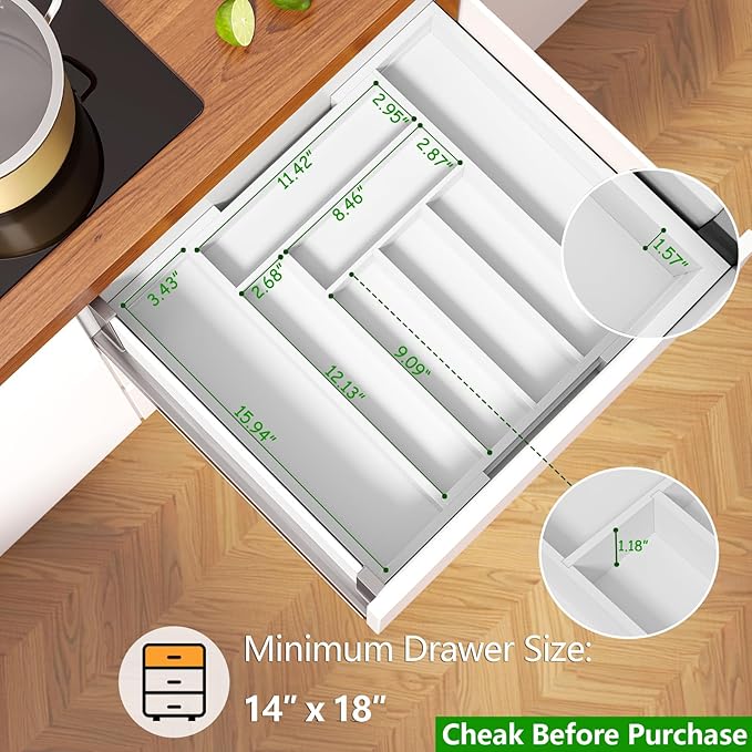 Pipishell Bamboo Expandable Drawer Organizer for Utensils Holder, Adjustable Cutlery Tray, Wood Drawer Dividers Organizer for Silverware, Flatware, Knives in Kitchen, Bedroom, Living Room (White)
