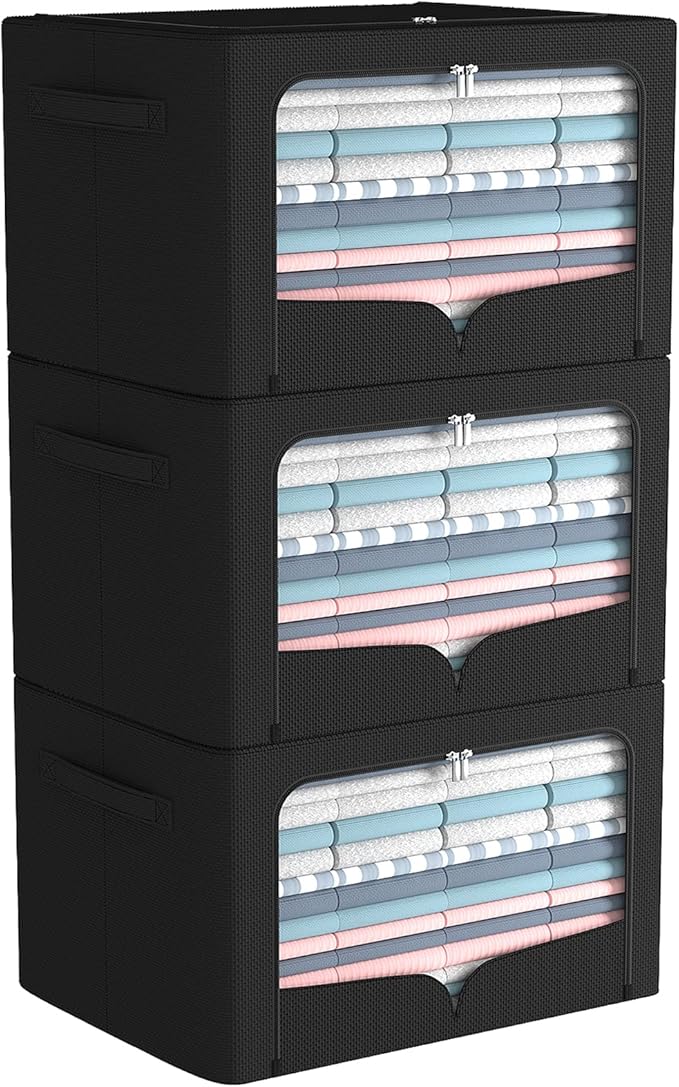 3 Pack Clothes Storage Bins - Foldable Metal Frame Storage Box - Stackable Linen Fabric Container Organizer Set with Carrying Handles and Clear Window (Black, 19.7x15.7x13inch(66L))
