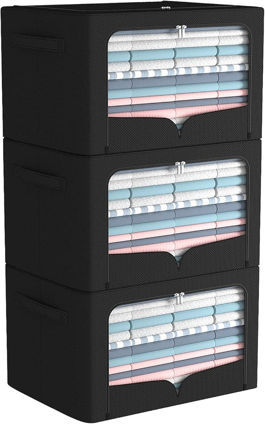 3 Pack Clothes Storage Bins - Foldable Metal Frame Storage Box - Stackable Linen Fabric Container Organizer Set with Carrying Handles and Clear Window (Black, 19.7x15.7x13inch(66L))