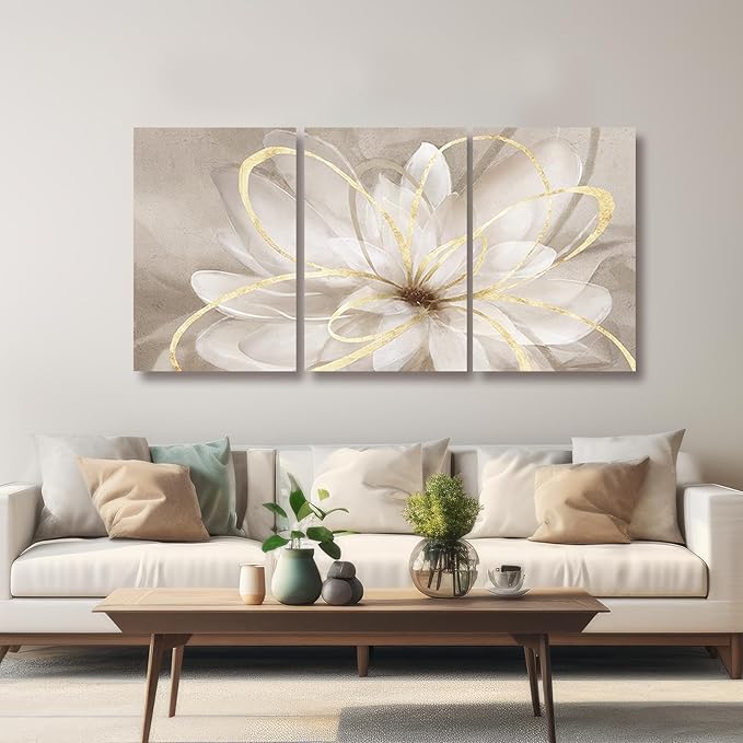 Kureful White Floral Wall Art Maximalist Decor 16"x 24"x 3 Pieces Flower Canvas Painting Wall Decor Gold Picture for Living Room Bedroom Home Decor